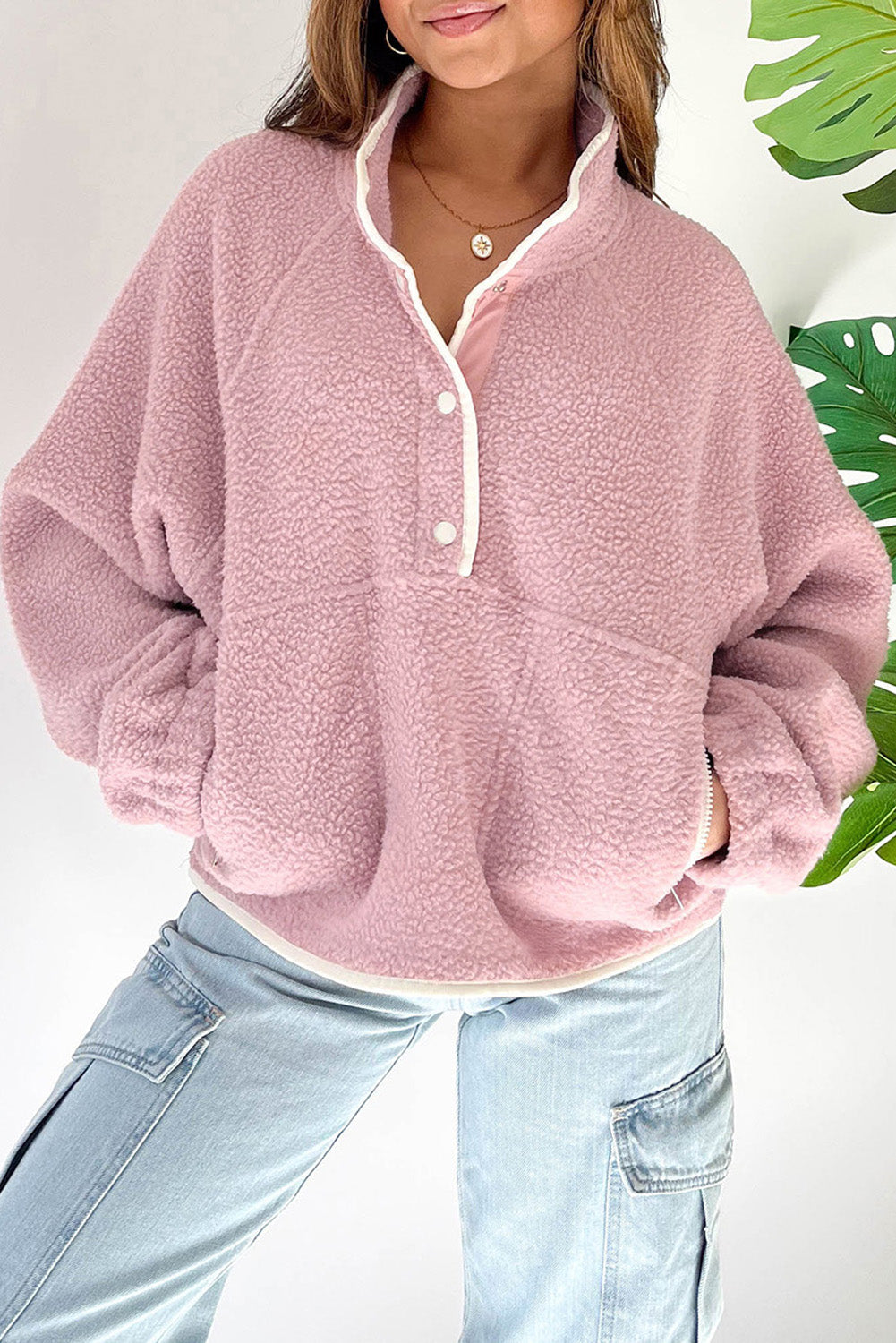 Fushia Stand Neck Half Button Zip Pocket Plush Sweatshirt Sweatshirts & Hoodies JT's Designer Fashion