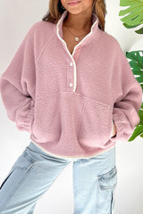 Fushia Stand Neck Half Button Zip Pocket Plush Sweatshirt Sweatshirts & Hoodies JT's Designer Fashion
