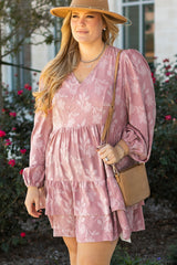 Peach Blossom Floral Surplice V Neck Tiered Ruffled Plus Size Dress Plus Size Mini Dresses JT's Designer Fashion