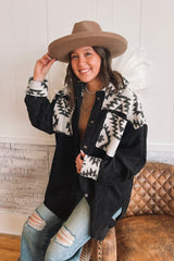 Black Aztec Patchwork Buttoned Corduroy Shacket Jackets JT's Designer Fashion