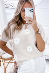Beige Flower Pattern Short Sleeve Knit Sweater Sweaters & Cardigans JT's Designer Fashion