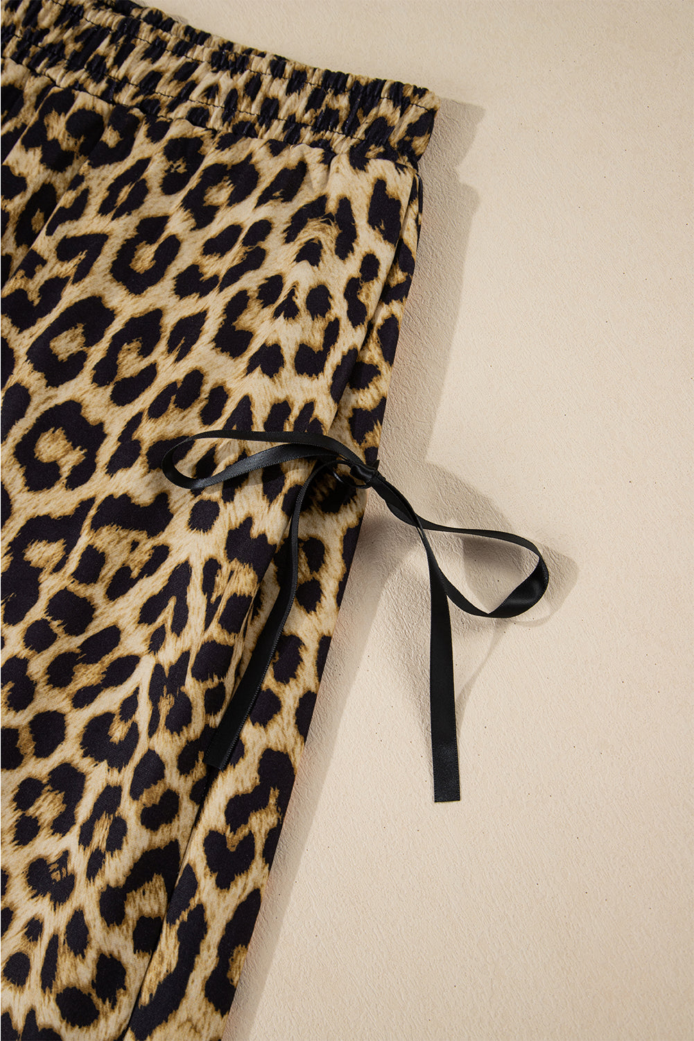 Brown Leopard Print Bow Tie Drawstring Elastic Waist Loose High Waist Pants Pants & Culotte JT's Designer Fashion