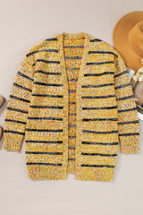 Beige Striped Pom Pom Knit Open Front Long Cardigan Cardigans JT's Designer Fashion