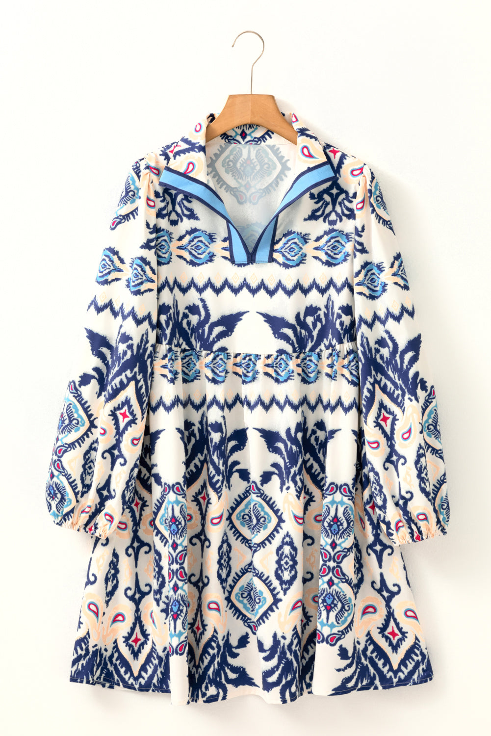 Blue Ethnic Print Striped Split Neck Long Sleeve Flowy Mini Dress Mini Dresses JT's Designer Fashion