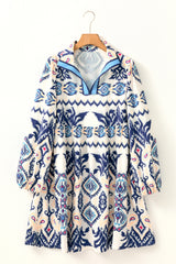 Blue Ethnic Print Striped Split Neck Long Sleeve Flowy Mini Dress Mini Dresses JT's Designer Fashion