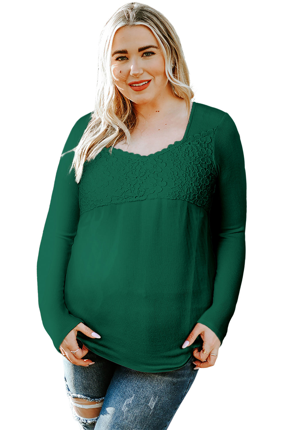 Green Lace Crochet V Neck Long Sleeve Top Long Sleeve Tops JT's Designer Fashion