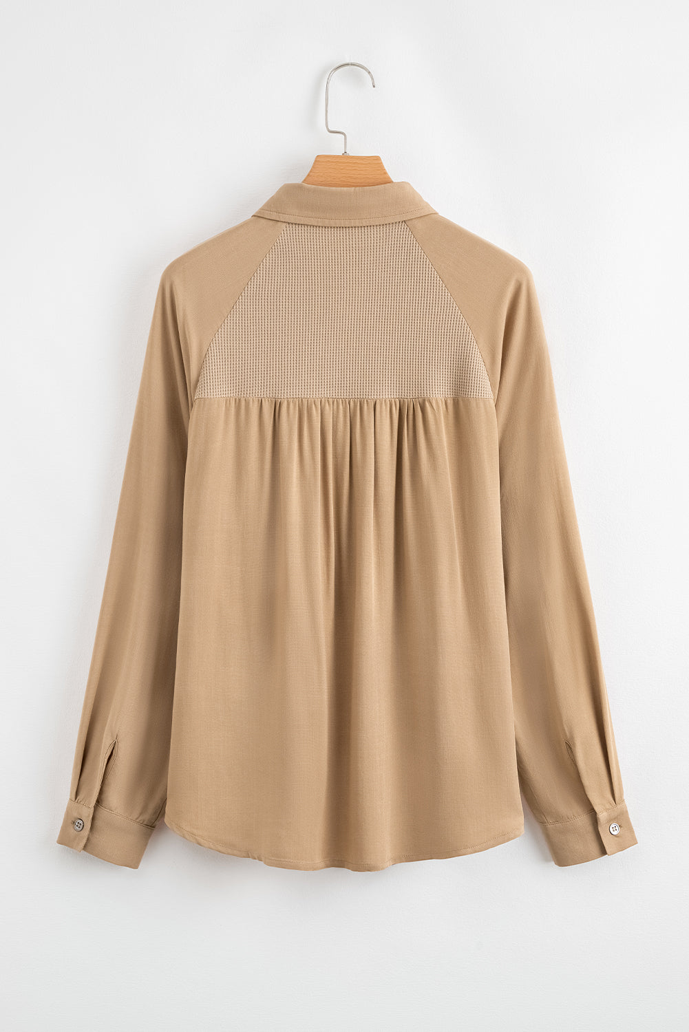 Light French Beige Waffle Patchwork Button Up Frayed Hem Shirt Blouses & Shirts JT's Designer Fashion