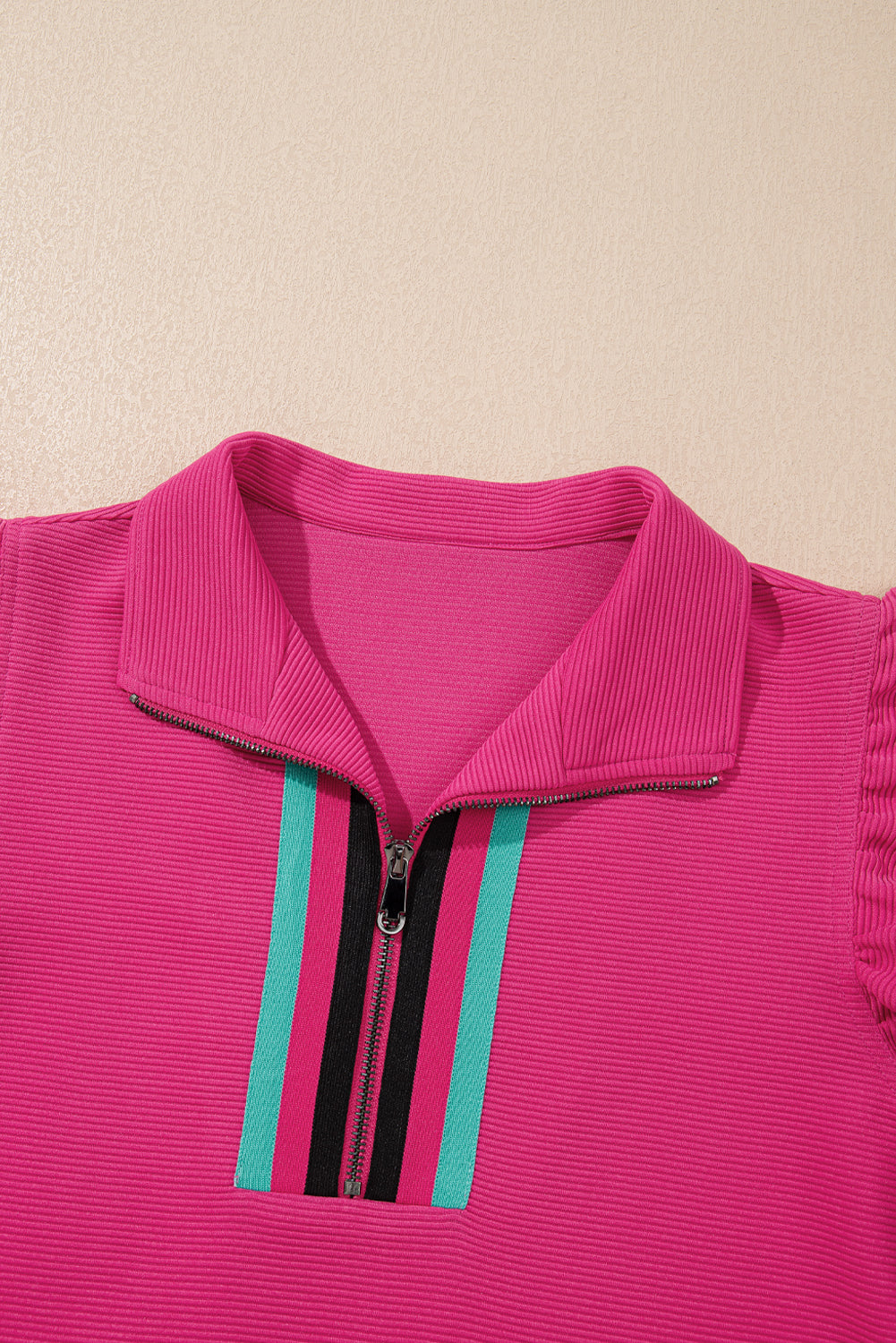 Strawberry Pink Striped Detail Flutter Sleeve Zipped Collar Short Set Short Sets JT's Designer Fashion