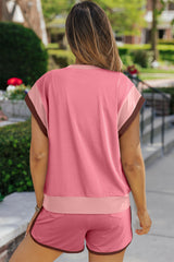 Peach Blossom Contrast Trim Cap Sleeve Tee Shorts Set Short Sets JT's Designer Fashion