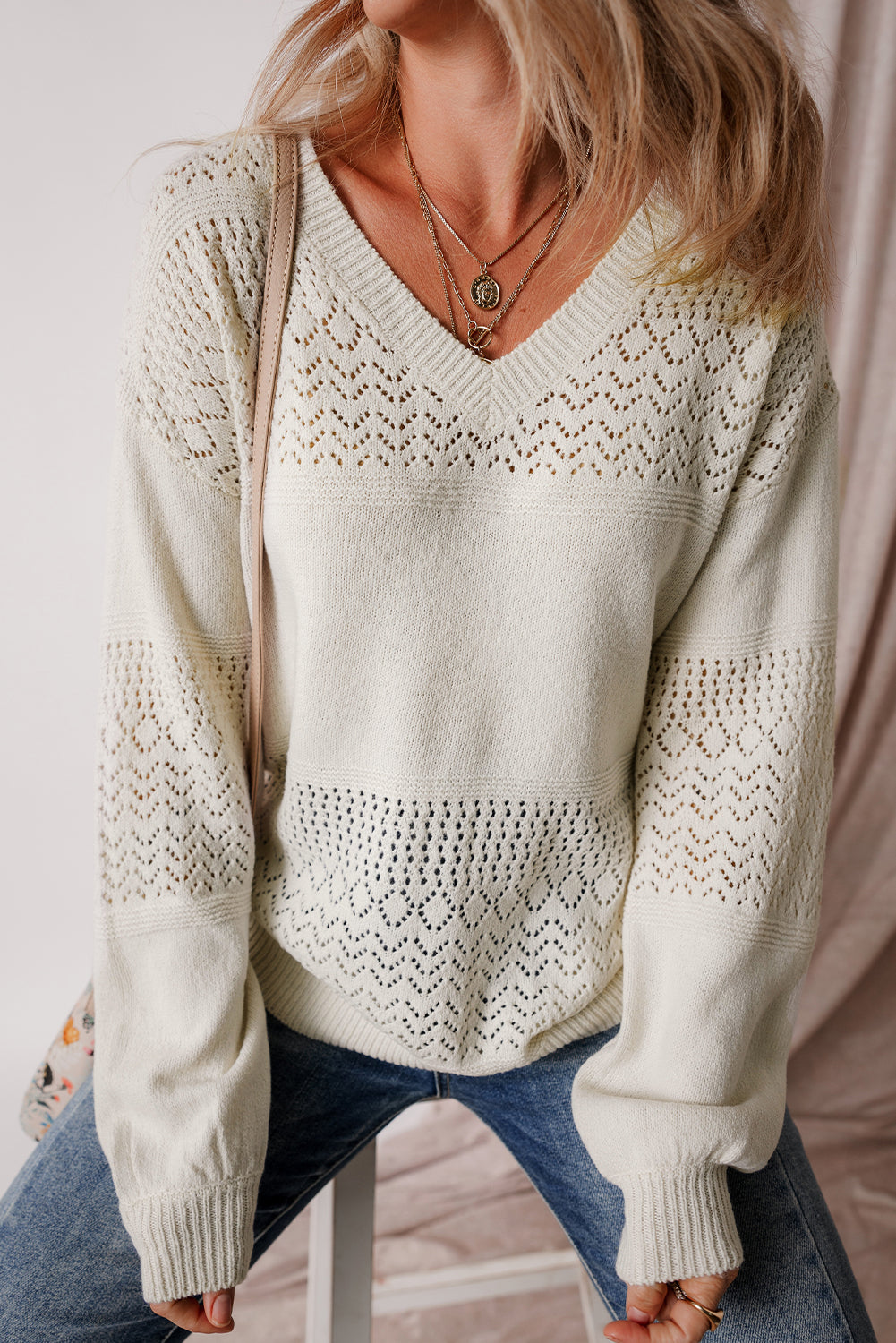 White Eyelet Pattern Detail V Neck Drop Shoulder Sweater Sweaters JT's Designer Fashion