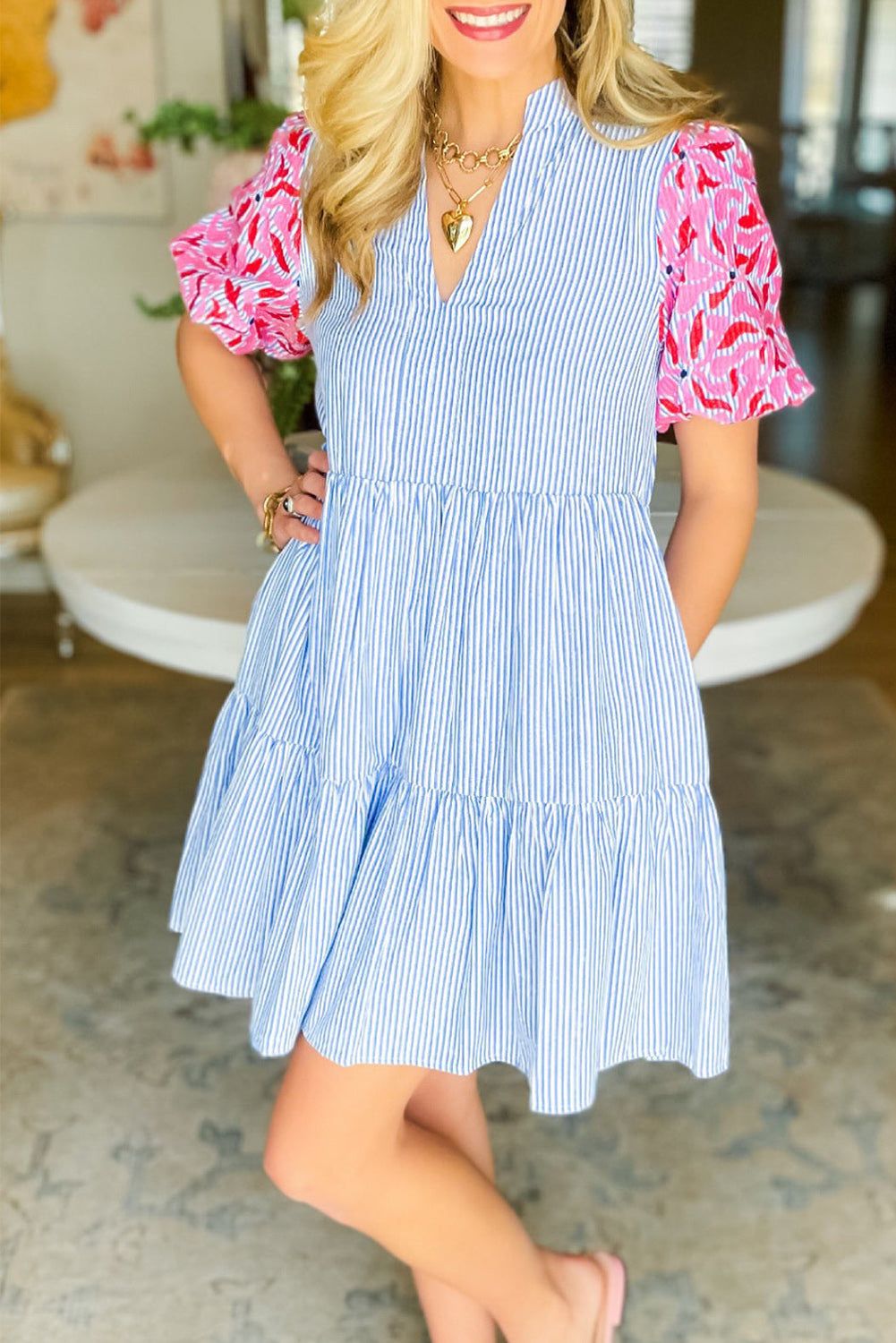 Sky Blue Stripe Contrast Floral Puff Sleeve Tiered Ruffle Dress Dresses JT's Designer Fashion