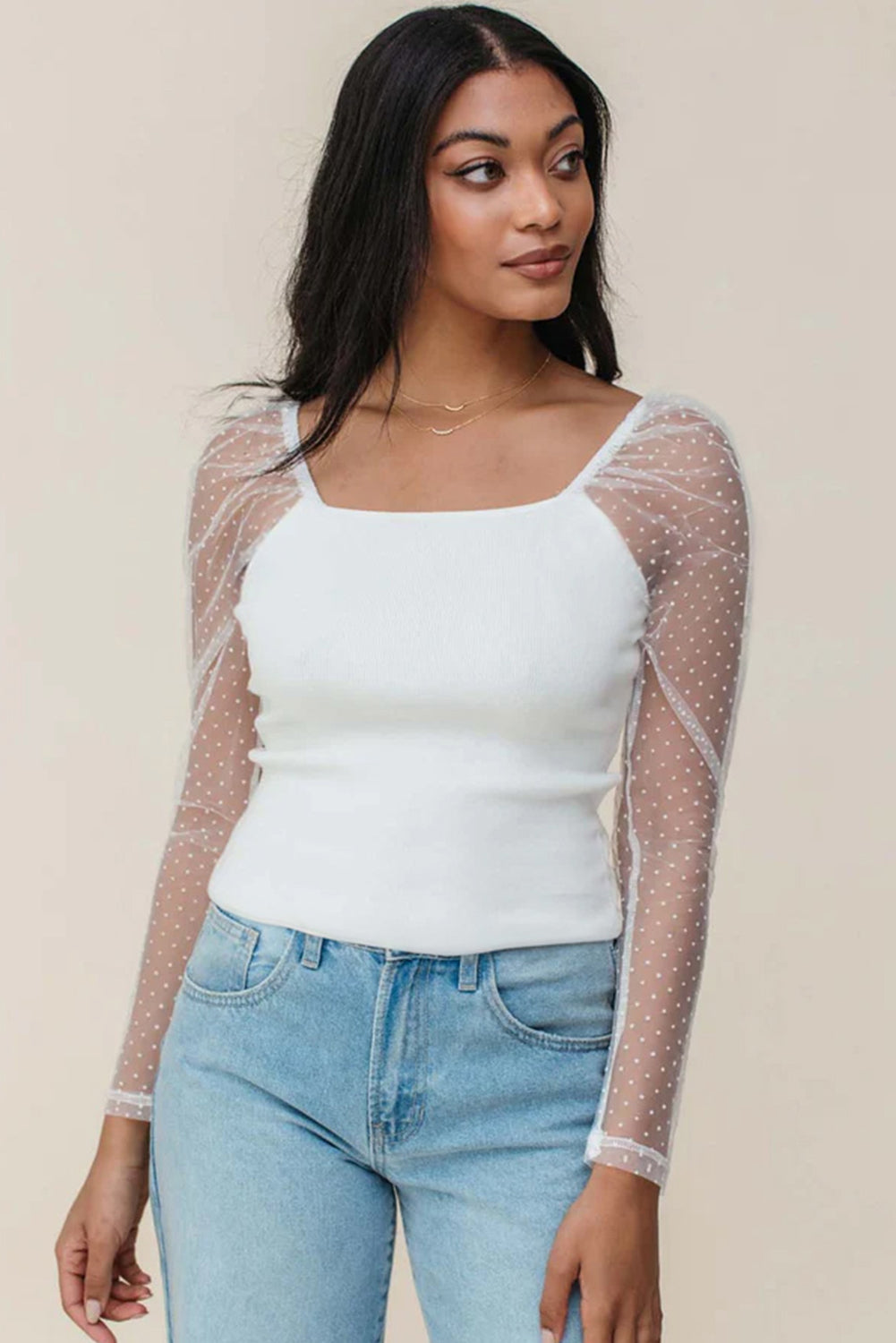 White Swiss Dot Mesh Long Sleeve Square Neck Slim Top Long Sleeve Tops JT's Designer Fashion