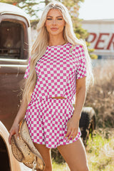 Pink Checkerboard T Shirt and High Waist Skorts 2 Piece Outfit Pink 95%Polyester+5%Elastane Short Sets JT's Designer Fashion