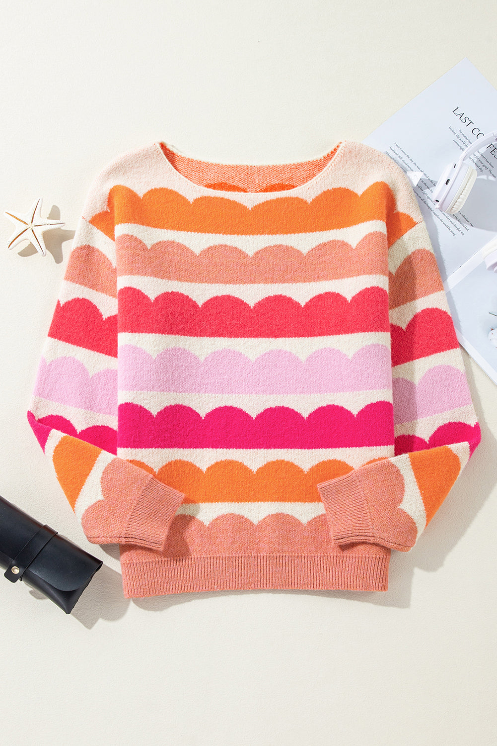 Rose Red Wave Striped Balloon Sleeve Drop Shoulder Sweater Sweaters JT's Designer Fashion