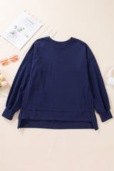 Navy Blue Solid O Neck High Low Hem Pullover Sweatshirt Sweatshirts & Hoodies JT's Designer Fashion