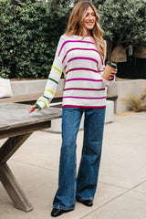 White Colorful Striped Drop Shoulder Crew Neck Sweater Sweaters JT's Designer Fashion