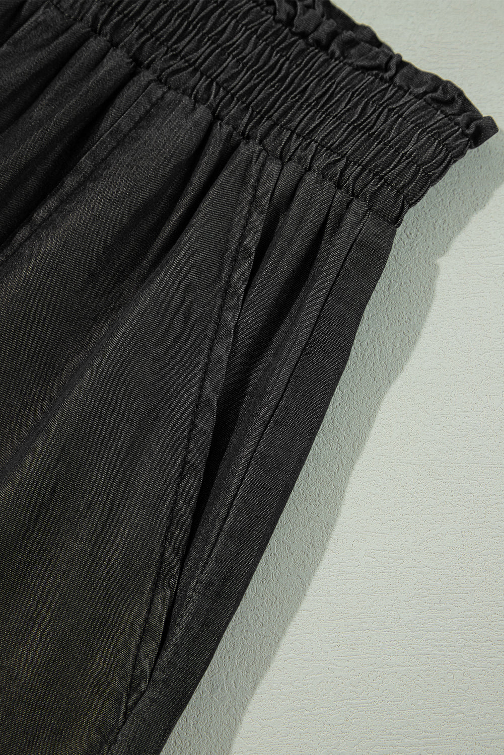 Black Side Pockets Frilled Smocked High Waist Wide Leg Jeans Jeans JT's Designer Fashion