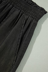 Black Side Pockets Frilled Smocked High Waist Wide Leg Jeans Jeans JT's Designer Fashion