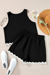 Black Ricrac Trim Tank Top Elastic Waist Shorts Set Short Sets JT's Designer Fashion