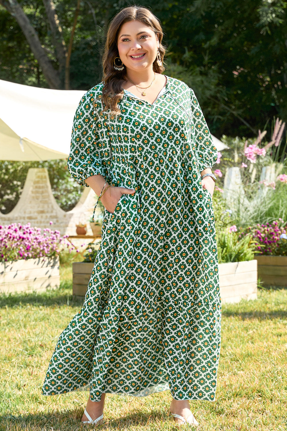 Green Geometric Floral Print Half Sleeve Plus Size Maxi Dress Plus Size Maxi Dresses JT's Designer Fashion