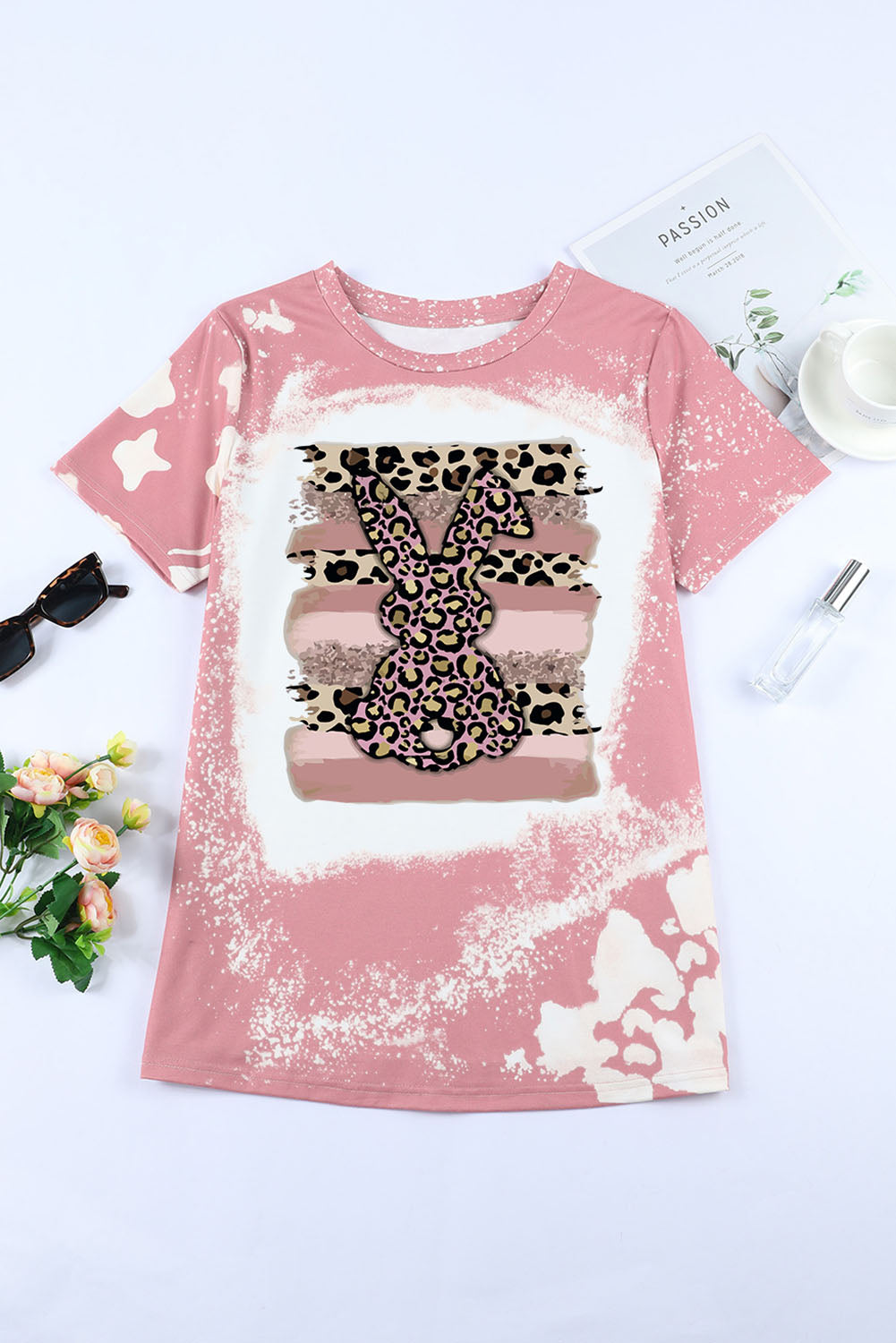 Pink Tie Dye Contrast Leopard Rabbit Graphic T Shirt Graphic Tees JT's Designer Fashion
