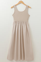 Beige Scoop Neck Ribbed Bodice Pleated Sleeveless Long Dress Maxi Dresses JT's Designer Fashion