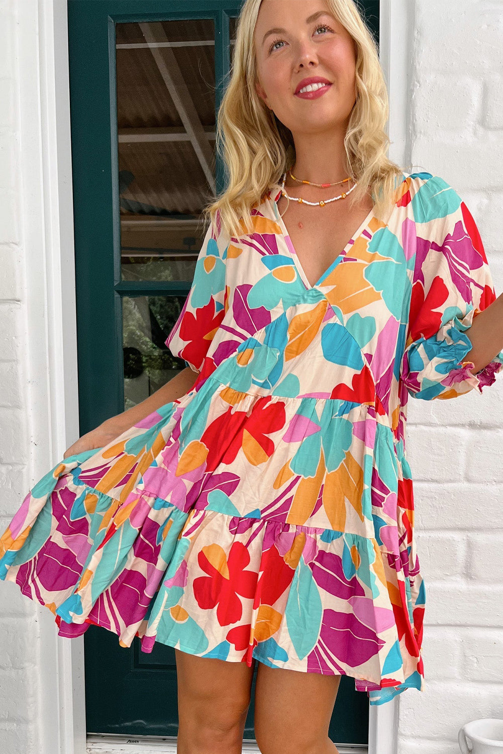 Rose Red Floral Bubble Sleeve V Neck Tiered Ruffle Babydoll Dress Floral Dresses JT's Designer Fashion