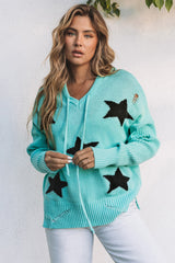 Green V Neck Star Pattern Hooded Sweater with Slits Sweaters & Cardigans JT's Designer Fashion