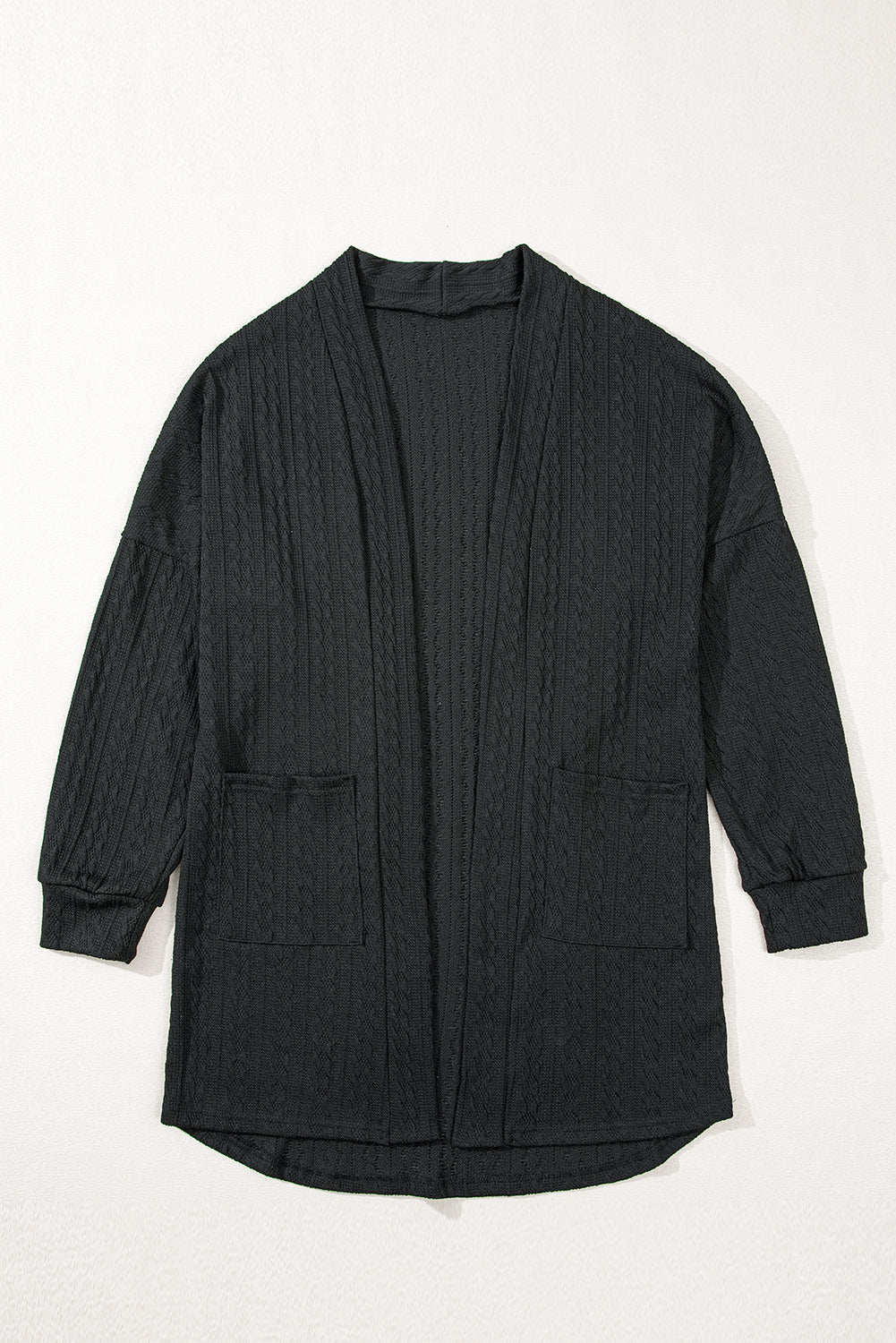 Black Textured Knit Side Pockets Open Front Cardigan Cardigans JT's Designer Fashion