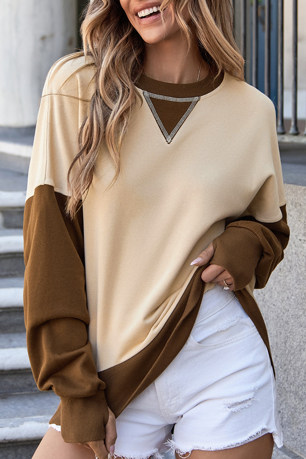 Apricot Color Block Thumbhole Sleeve Drop Shoulder Sweatshirt Sweatshirts & Hoodies JT's Designer Fashion