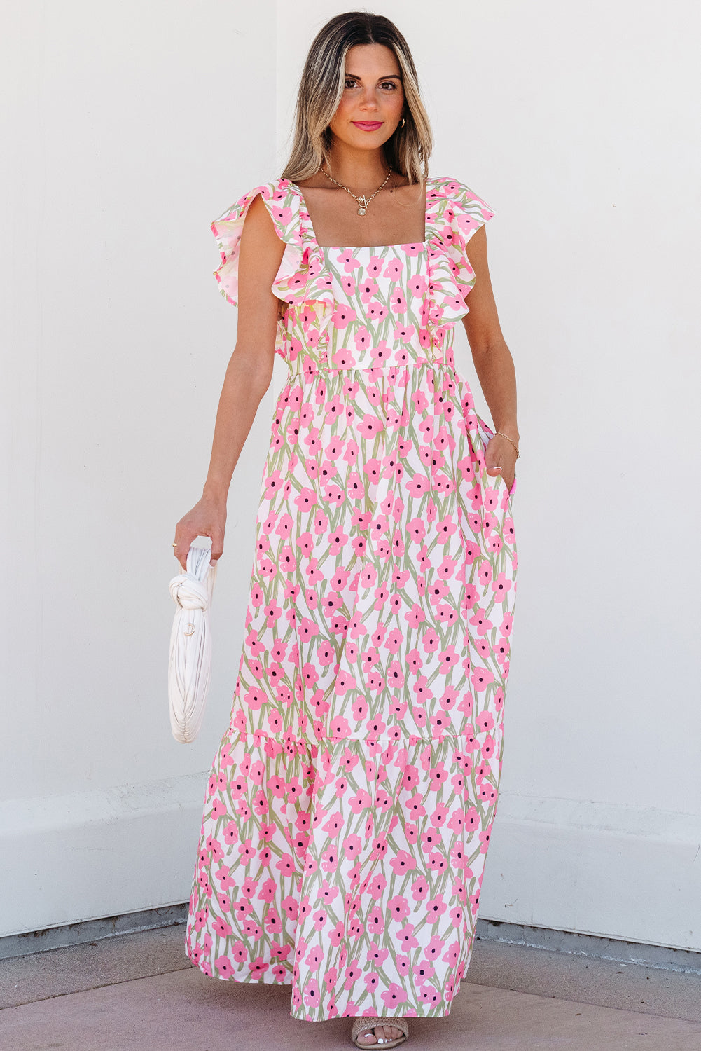 Pink Floral Print Square Neck Ruffled Strap Maxi Dress Floral Dresses JT's Designer Fashion