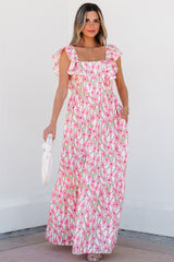 Pink Floral Print Square Neck Ruffled Strap Maxi Dress Floral Dresses JT's Designer Fashion
