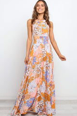 Orange Boho Floral Backless Lace up Sleeveless Maxi Dress Dresses JT's Designer Fashion
