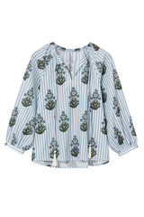 Beau Blue Striped Floral Printed Long Sleeve Tied V Neck Blouse Blouses & Shirts JT's Designer Fashion