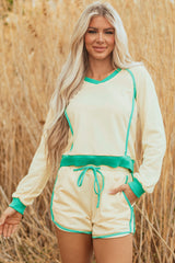White Contrast Trim Colorblock Long Sleeve Pullover and Drawstring Shorts 2pcs Outfit Short Sets JT's Designer Fashion