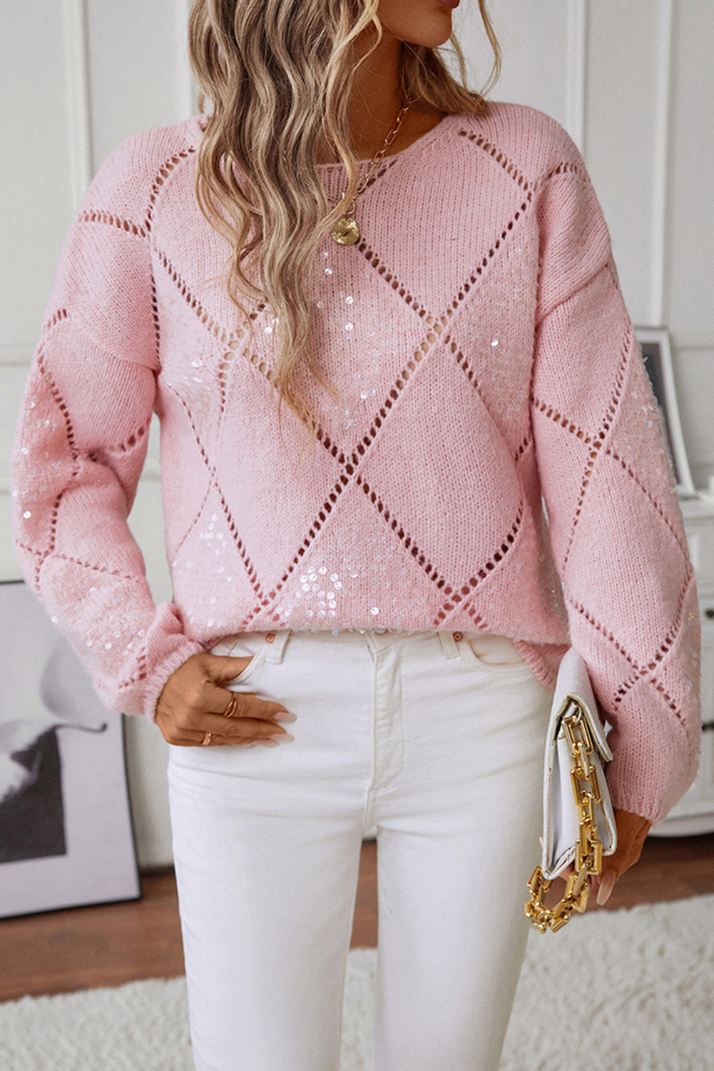 Light Pink Hollowed Rhombus Pattern Sequin Detail Round Neck Sweater Sweaters JT's Designer Fashion