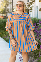 Khaki Stripe Contrast Striped Print 3/4 Sleeve Babydoll Plus Size Dress Plus Size Mini Dresses JT's Designer Fashion