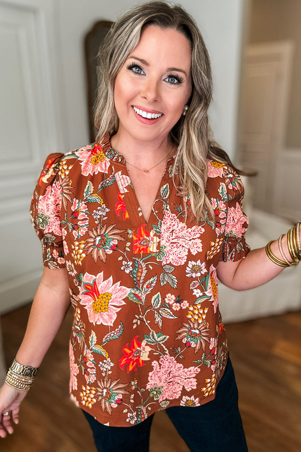 Brown Floral Stitched V Neck Frilled Trim Puff Short Sleeve Blouse Plus Size Blouses & Shirts JT's Designer Fashion