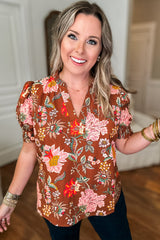 Brown Floral Stitched V Neck Frilled Trim Puff Short Sleeve Blouse Plus Size Blouses & Shirts JT's Designer Fashion