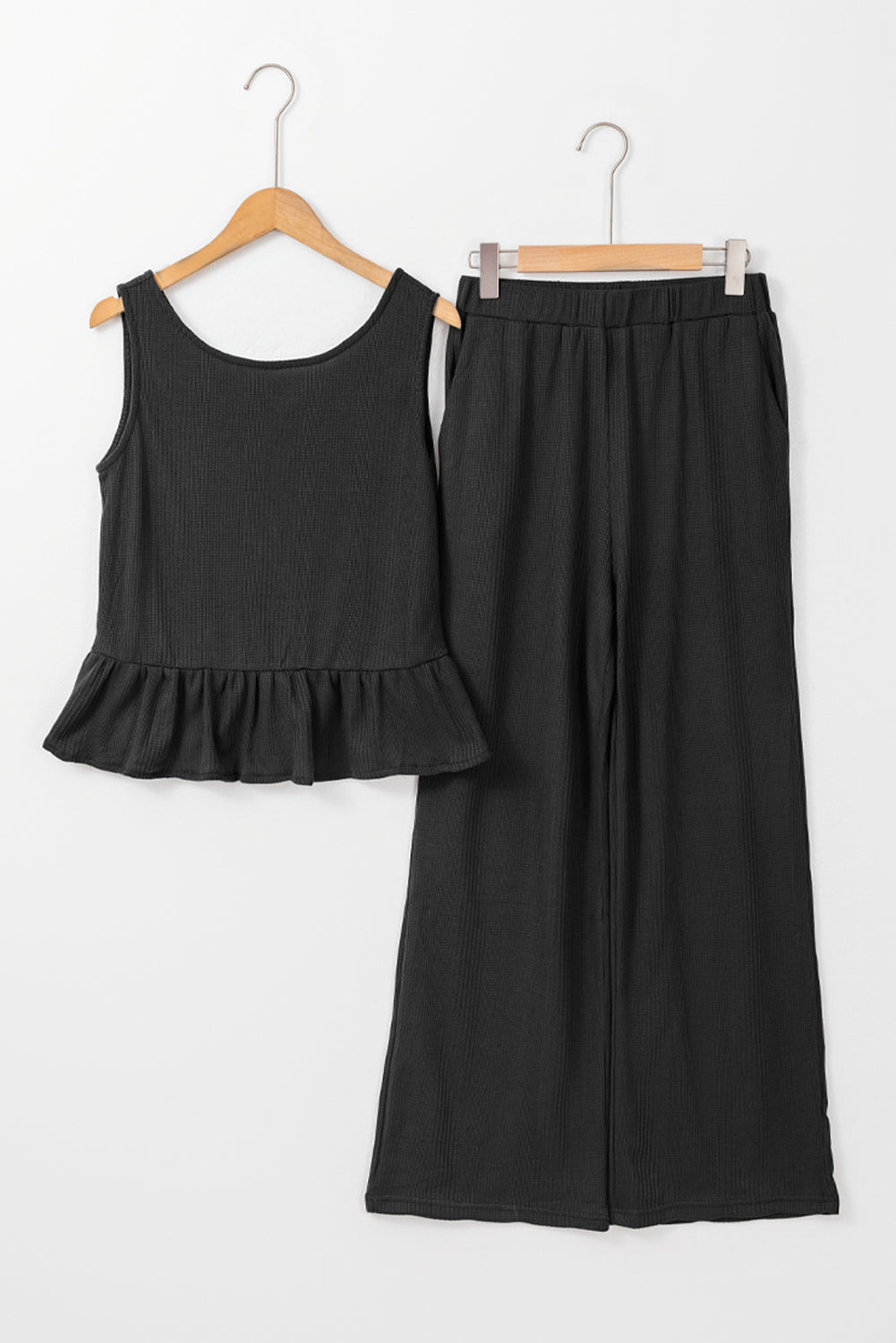 Black Solid Color Ribbed Ruffle Tank Top and Pants Set Pant Sets JT's Designer Fashion