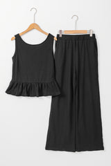 Black Solid Color Ribbed Ruffle Tank Top and Pants Set Pant Sets JT's Designer Fashion