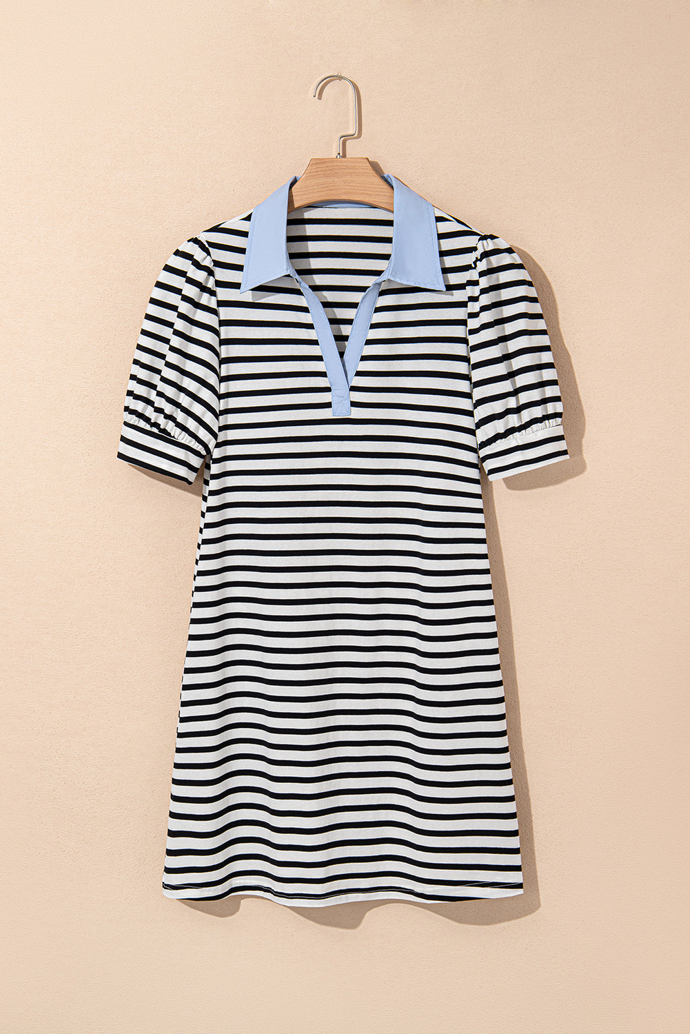 Black Stripe Contrast V Neck Collared Puff Sleeve T Shirt Mini Dress with Pockets T Shirt Dresses JT's Designer Fashion