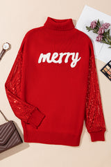 Racing Red Merry Graphic Sequin Sleeves Christmas Turtleneck Sweater Sweaters JT's Designer Fashion