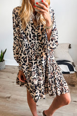 Black Leopard Print Buttoned Front 3/4 Sleeve Tiered Ruffled Hem Dress Mini Dresses JT's Designer Fashion