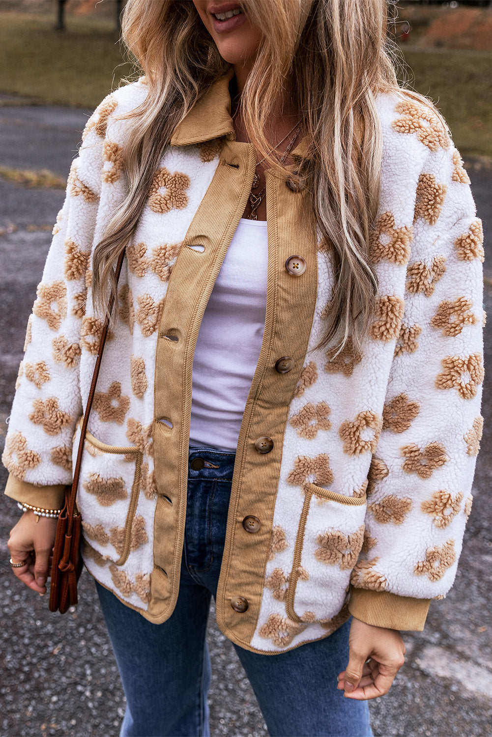 Light French Beige Cute Flower Pattern Button Up Fleece Jacket Light French Beige 100%Polyester Jackets JT's Designer Fashion