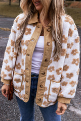 Light French Beige Cute Flower Pattern Button Up Fleece Jacket Light French Beige 100%Polyester Jackets JT's Designer Fashion