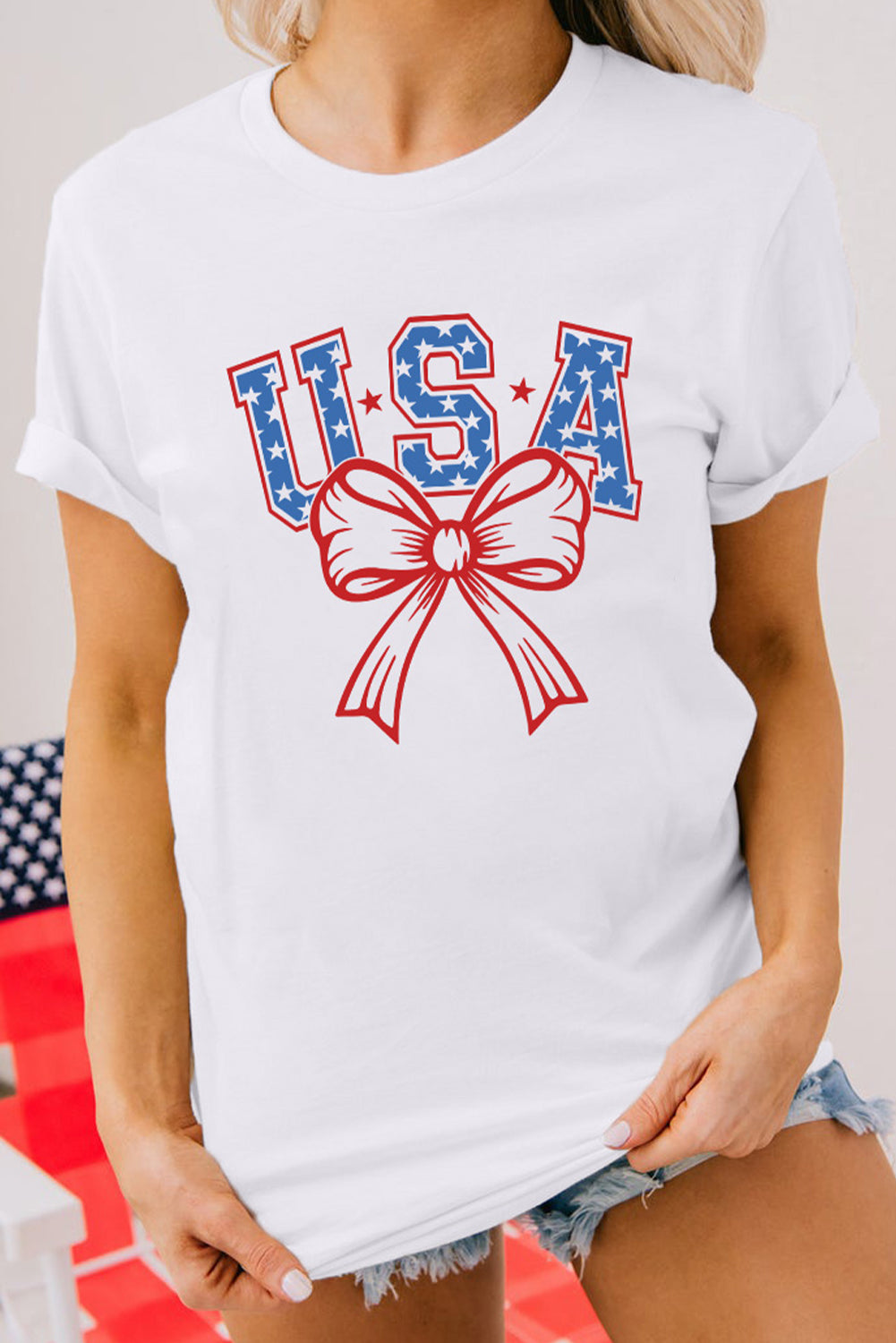 White USA Bow Letter Graphic Short Sleeve Top Graphic Tees JT's Designer Fashion