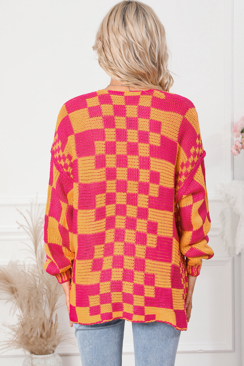 Multicolor Open Front Mixed Checkered Pattern Knit Cardigan Sweaters & Cardigans JT's Designer Fashion