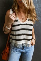 Beige Stripe U Neck Fringed Hem Knit Vest Sweaters & Cardigans JT's Designer Fashion