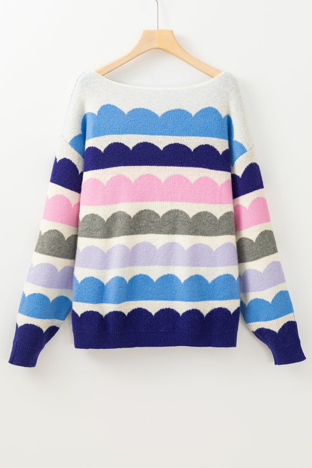 Dark Blue Wave Striped Balloon Sleeve Drop Shoulder Sweater Sweaters JT's Designer Fashion